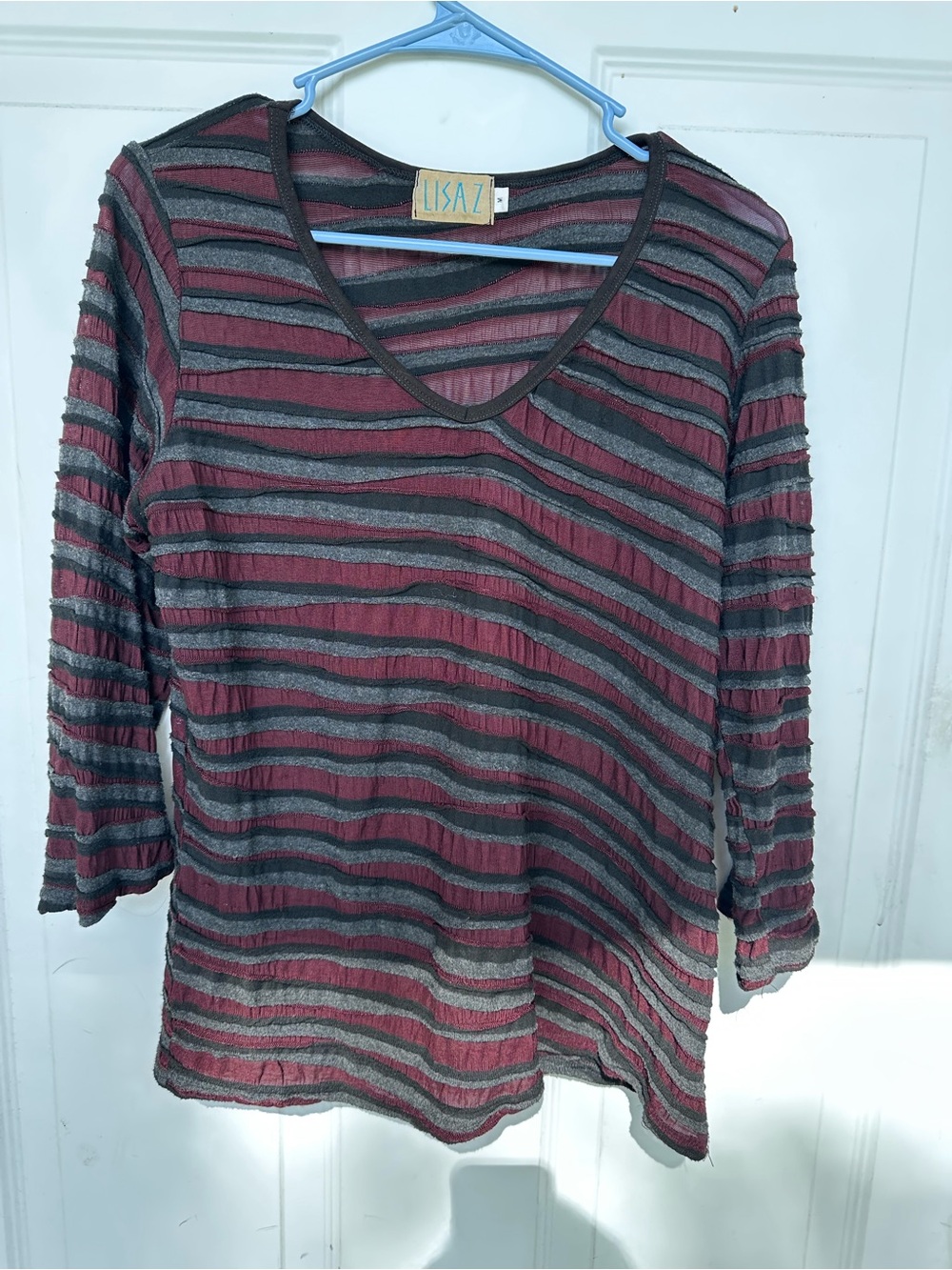 Women's Burgundy & Black Striped V-Neck Top